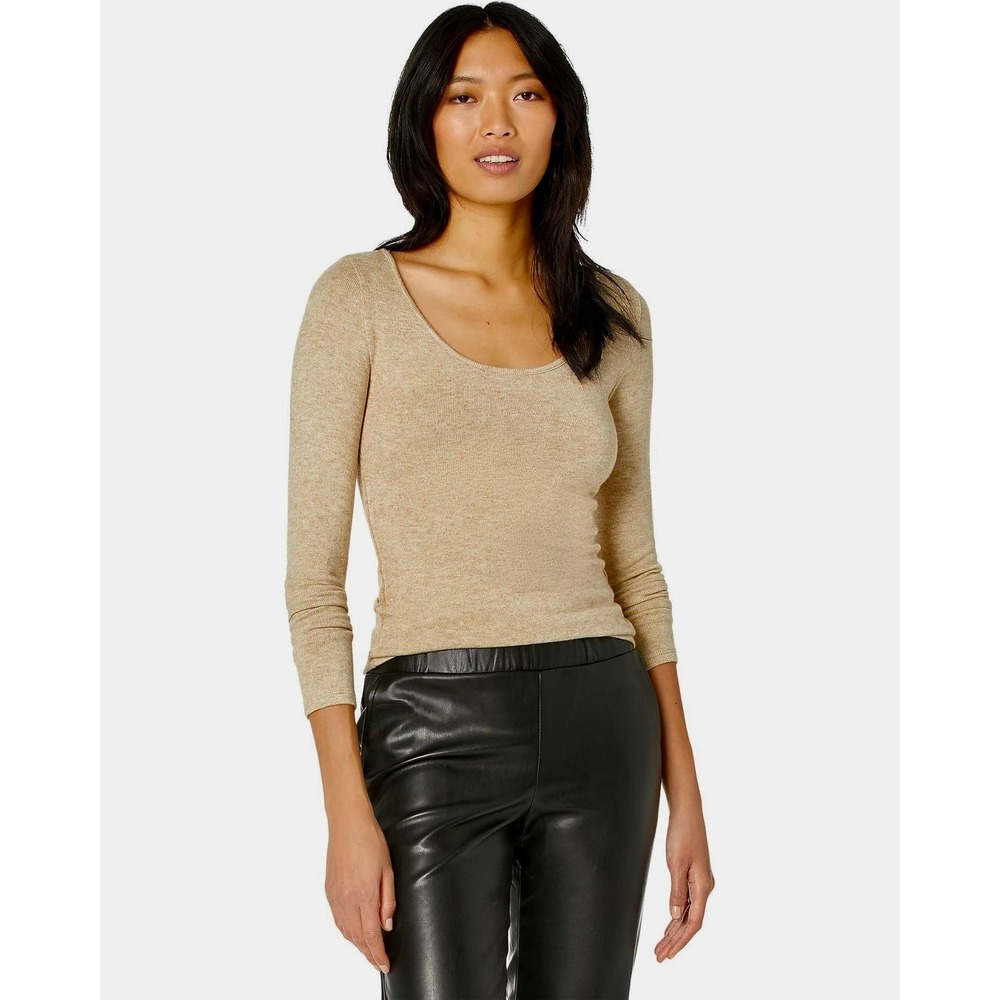 VINCE Scoop Neck Stretch Knit Long Sleeve Pullover Top Beige Tan Knitwear XS